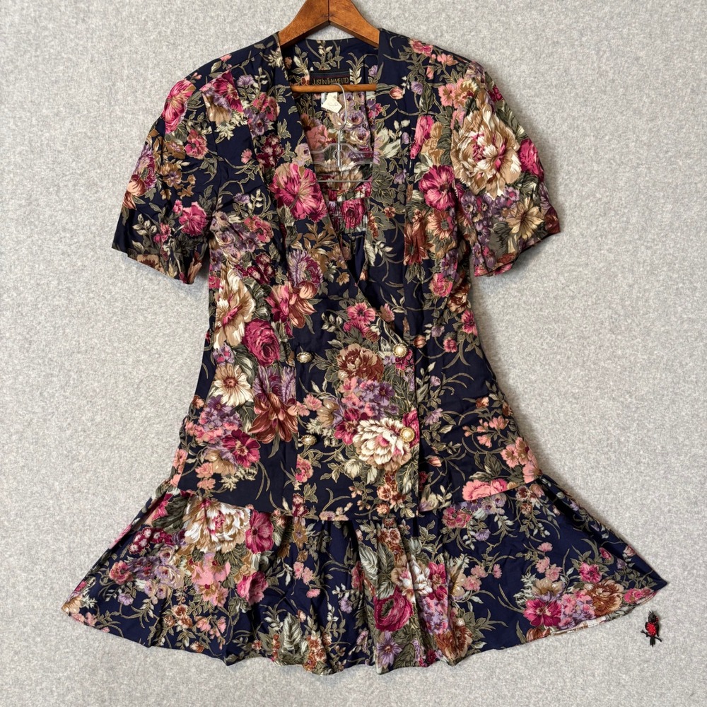 Vtg Just in Thyme 2 Pc Set Top Skirt Women's 14 Double Breasted Navy Blue Floral